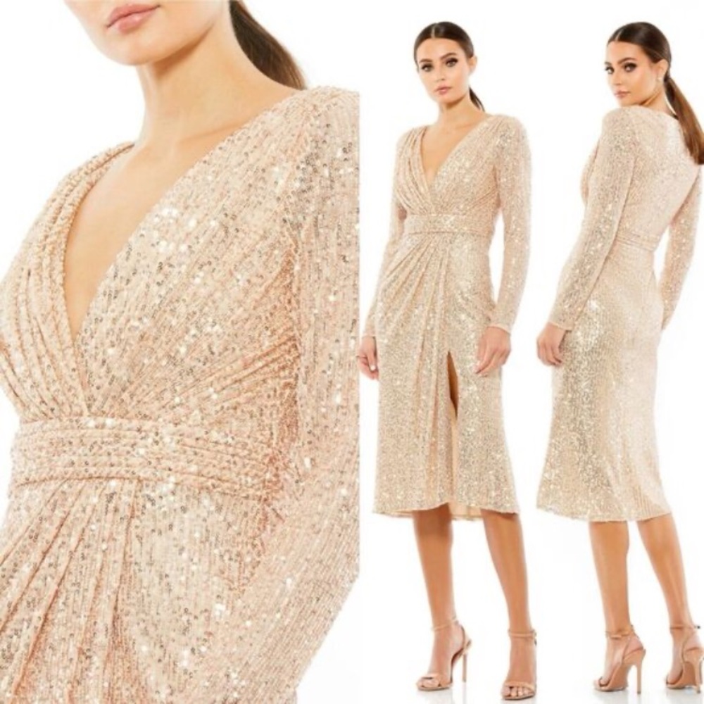 NEW Ieena for MacDuggal Rose Gold Sequin Long Sleeve Midi Cocktail Formal Dress
